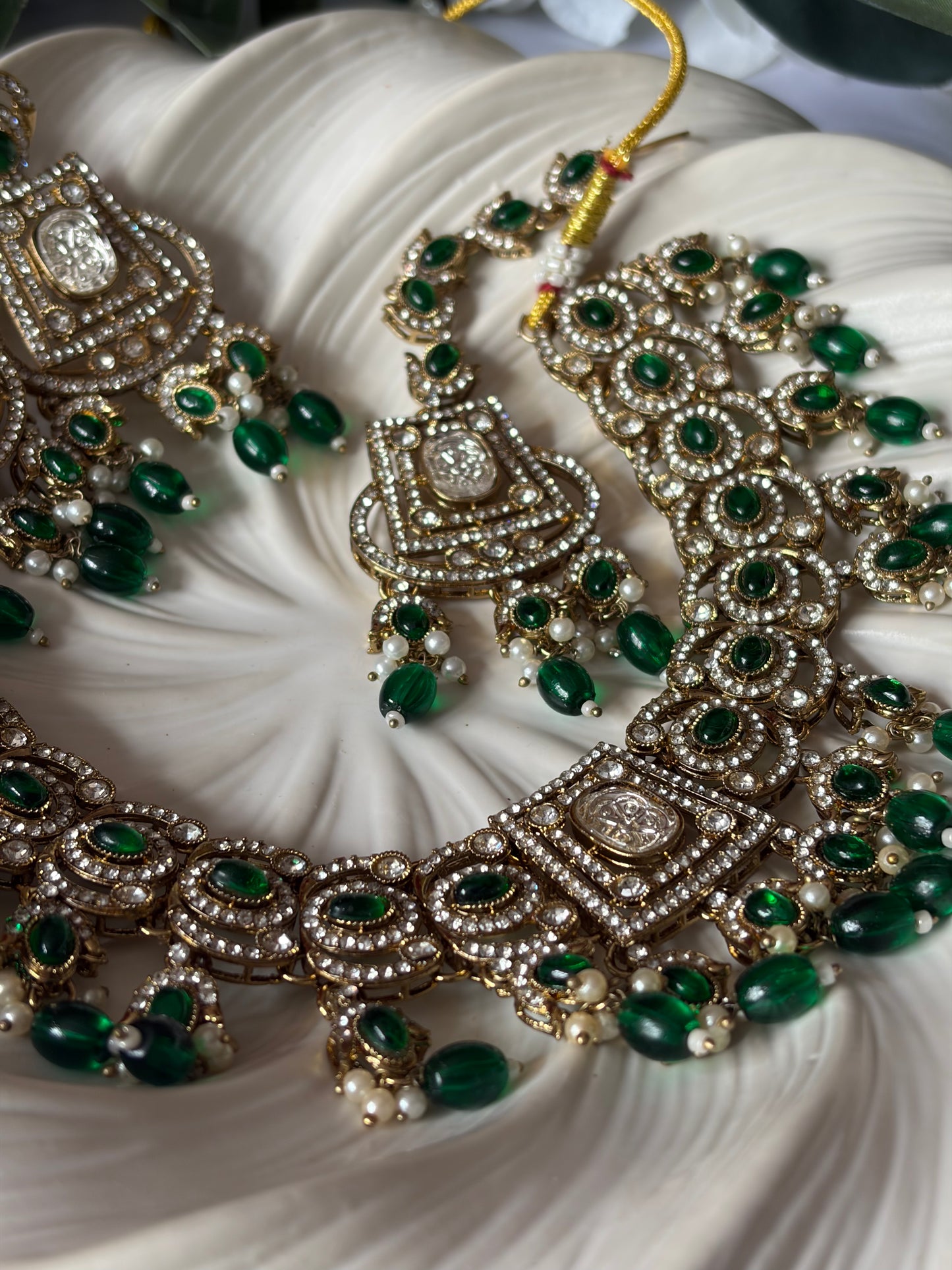 Green and Gold Pearl Bridal Necklace Set with Tikka, Statement Wedding Jewellery