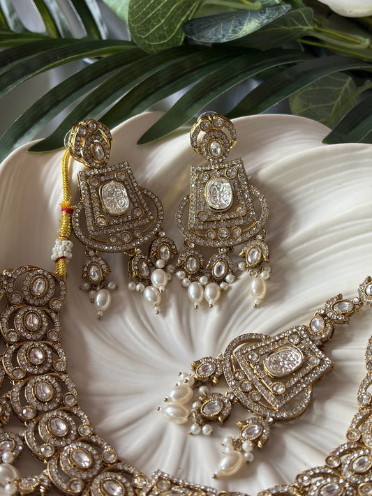Gold White Pearl Bridal Necklace Set with Tikka, Statement Wedding Jewellery