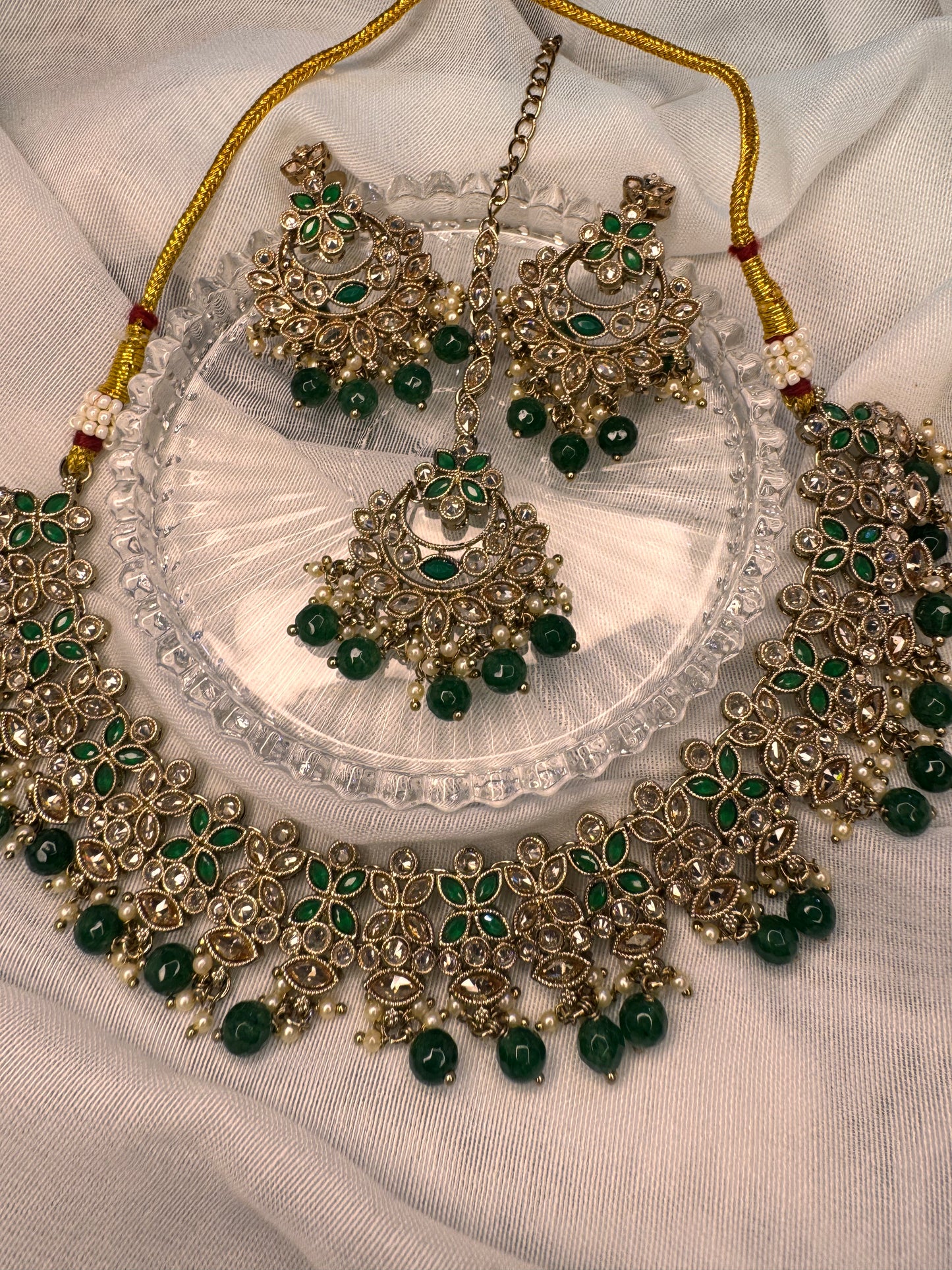Green Bridal Necklace Set with Tikka, Indian Wedding Jewellery, Gold Statement Earrings
