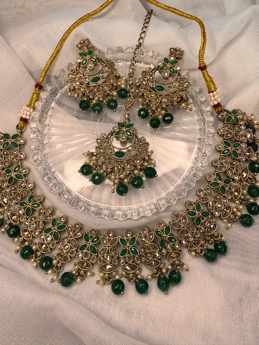 Green Bridal Necklace Set with Tikka, Indian Wedding Jewellery, Gold Statement Earrings