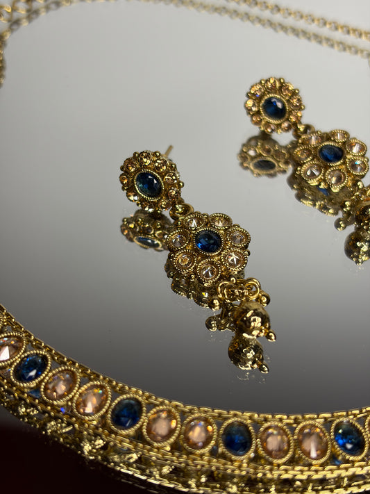 Arianna Set Gold and Navy Necklace and Earrings Set