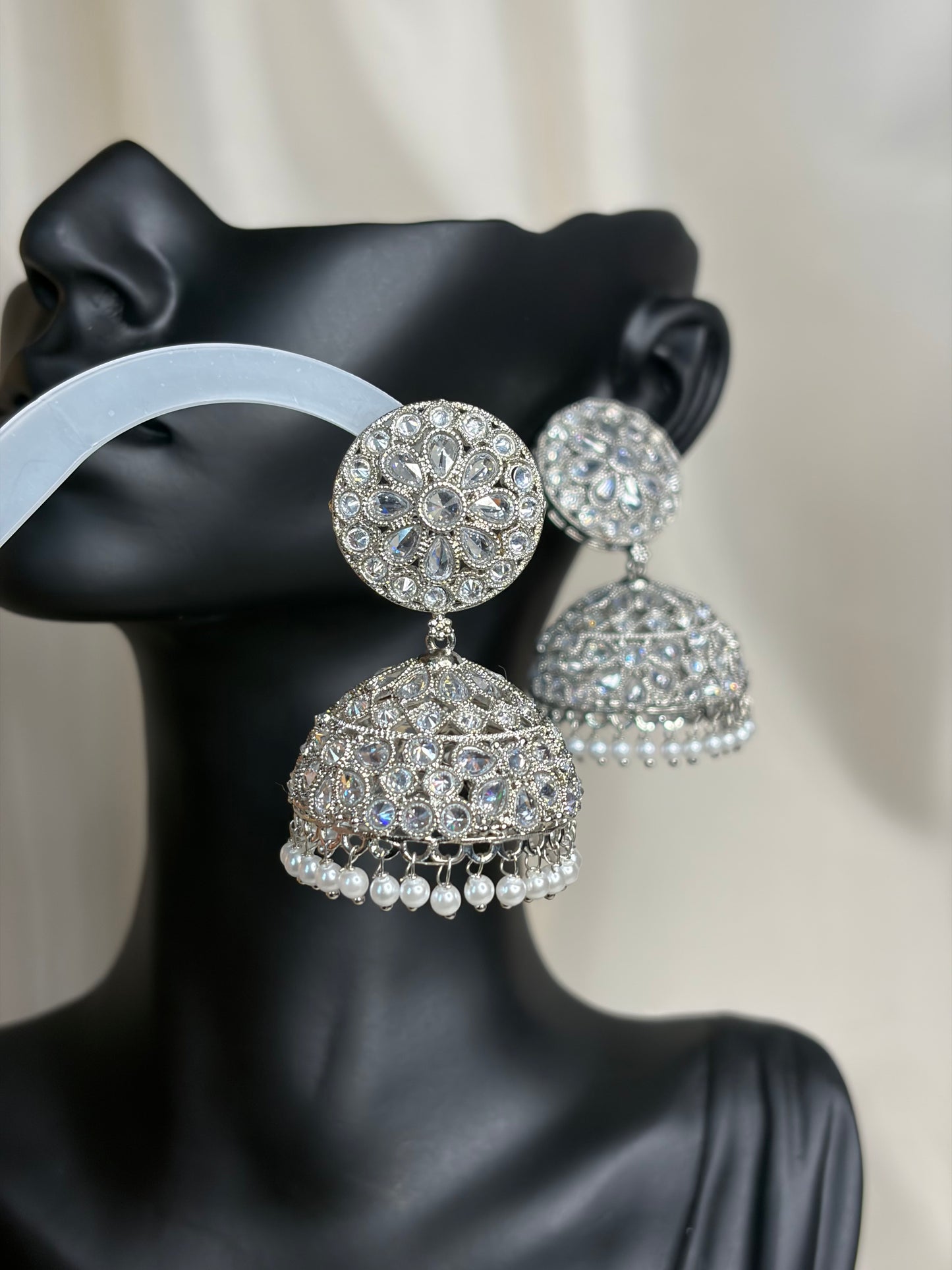 Silver Jhumka Earrings, Crystal & Pearl Drop, Indian Wedding Jewelry