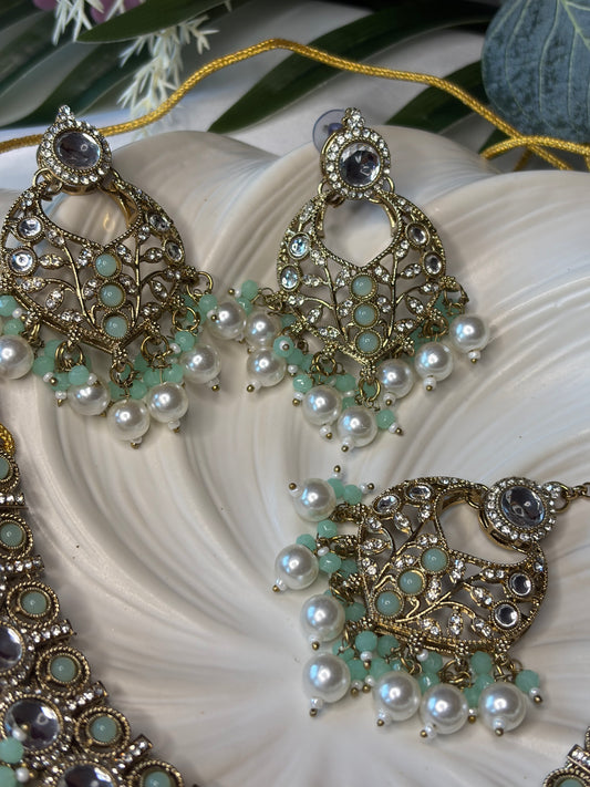 Green Pearl Necklace Set with Tikka, Indian Bridal Jewelry, Statement Earrings