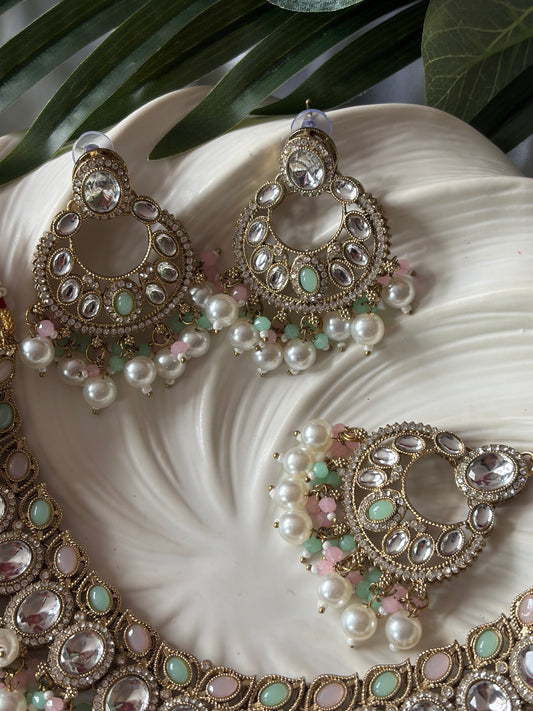 Mint Green and Pink Pearl Necklace Set with Tikka, Indian Bridal Jewelry, Statement Earrings