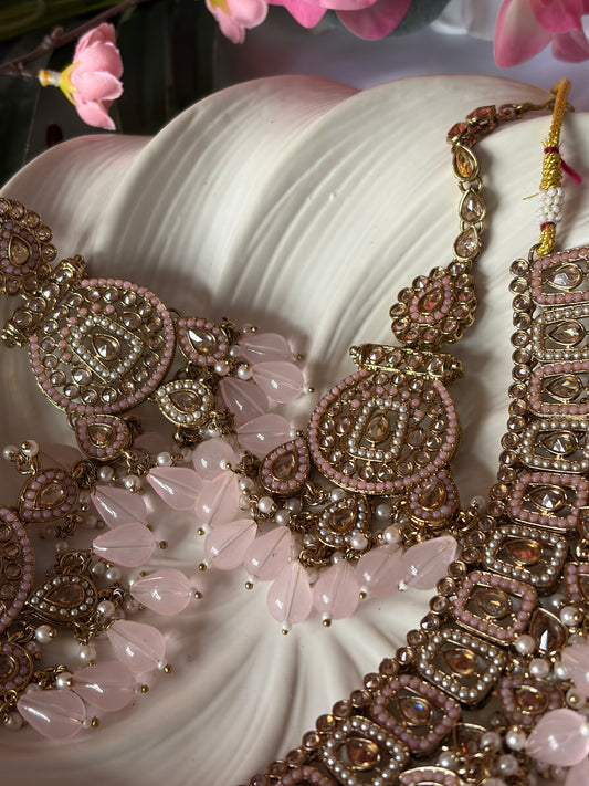 Blush Pink Bridal Necklace Set with Tikka, Gold Pearl Drop Jewellery