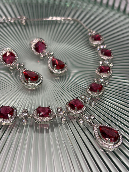Ruby Red Crystal Necklace Earrings Set, Silver Bridal Statement Jewellery
