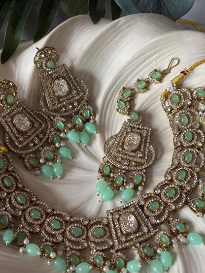 Mint and Gold Pearl Bridal Necklace Set with Tikka, Statement Wedding Jewellery