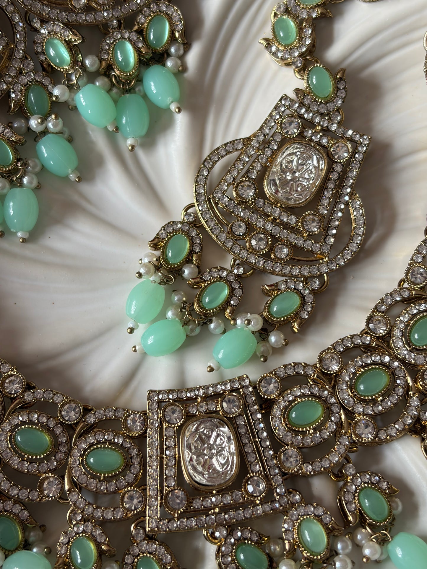 Mint and Gold Pearl Bridal Necklace Set with Tikka, Statement Wedding Jewellery