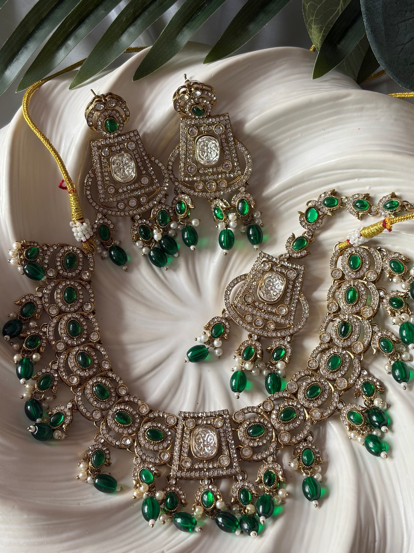 Green and Gold Pearl Bridal Necklace Set with Tikka, Statement Wedding Jewellery