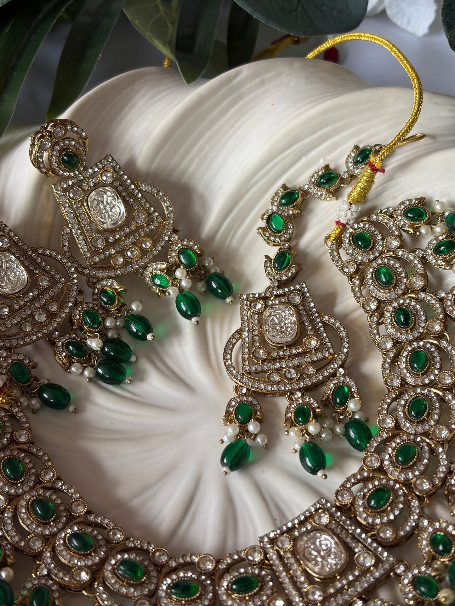 Green and Gold Pearl Bridal Necklace Set with Tikka, Statement Wedding Jewellery