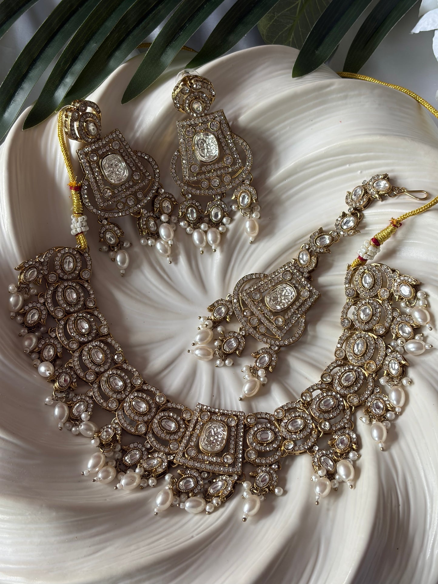 Gold White Pearl Bridal Necklace Set with Tikka, Statement Wedding Jewellery