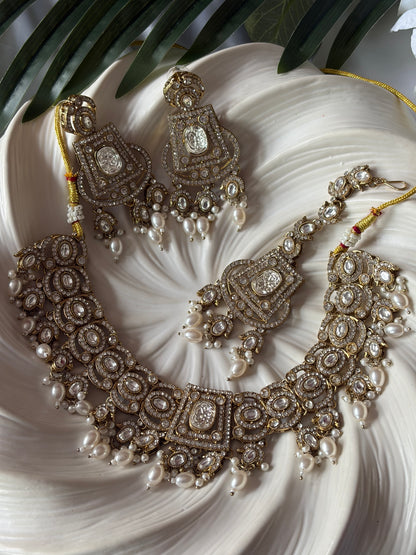 Gold White Pearl Bridal Necklace Set with Tikka, Statement Wedding Jewellery