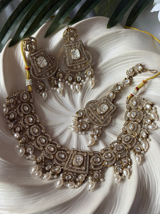 Gold White Pearl Bridal Necklace Set with Tikka, Statement Wedding Jewellery