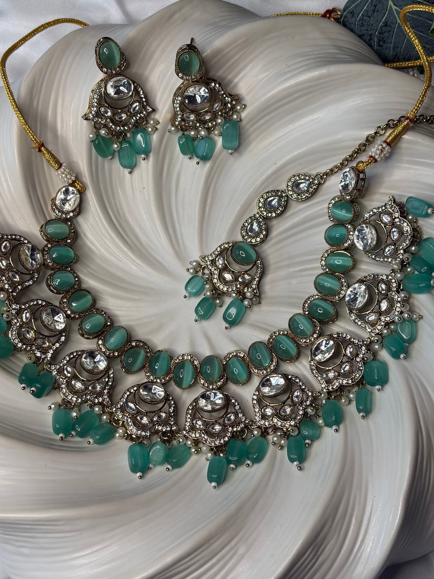 Green Gold Necklace Set with Earrings, Indian Wedding Bridal Jewelry