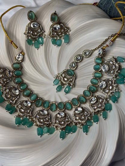 Green Gold Necklace Set with Earrings, Indian Wedding Bridal Jewelry