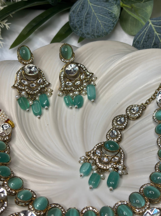Green Gold Necklace Set with Earrings, Indian Wedding Bridal Jewelry