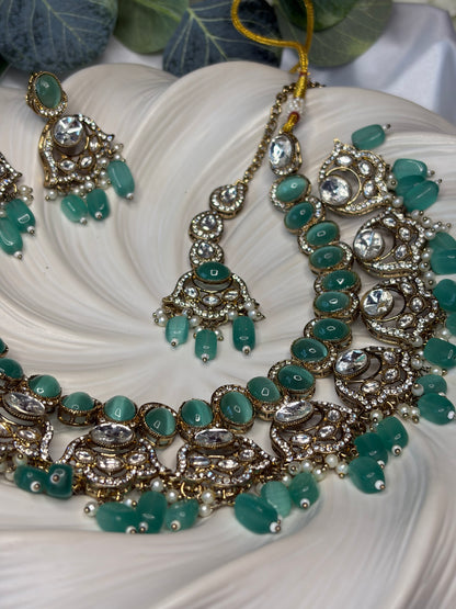 Green Gold Necklace Set with Earrings, Indian Wedding Bridal Jewelry