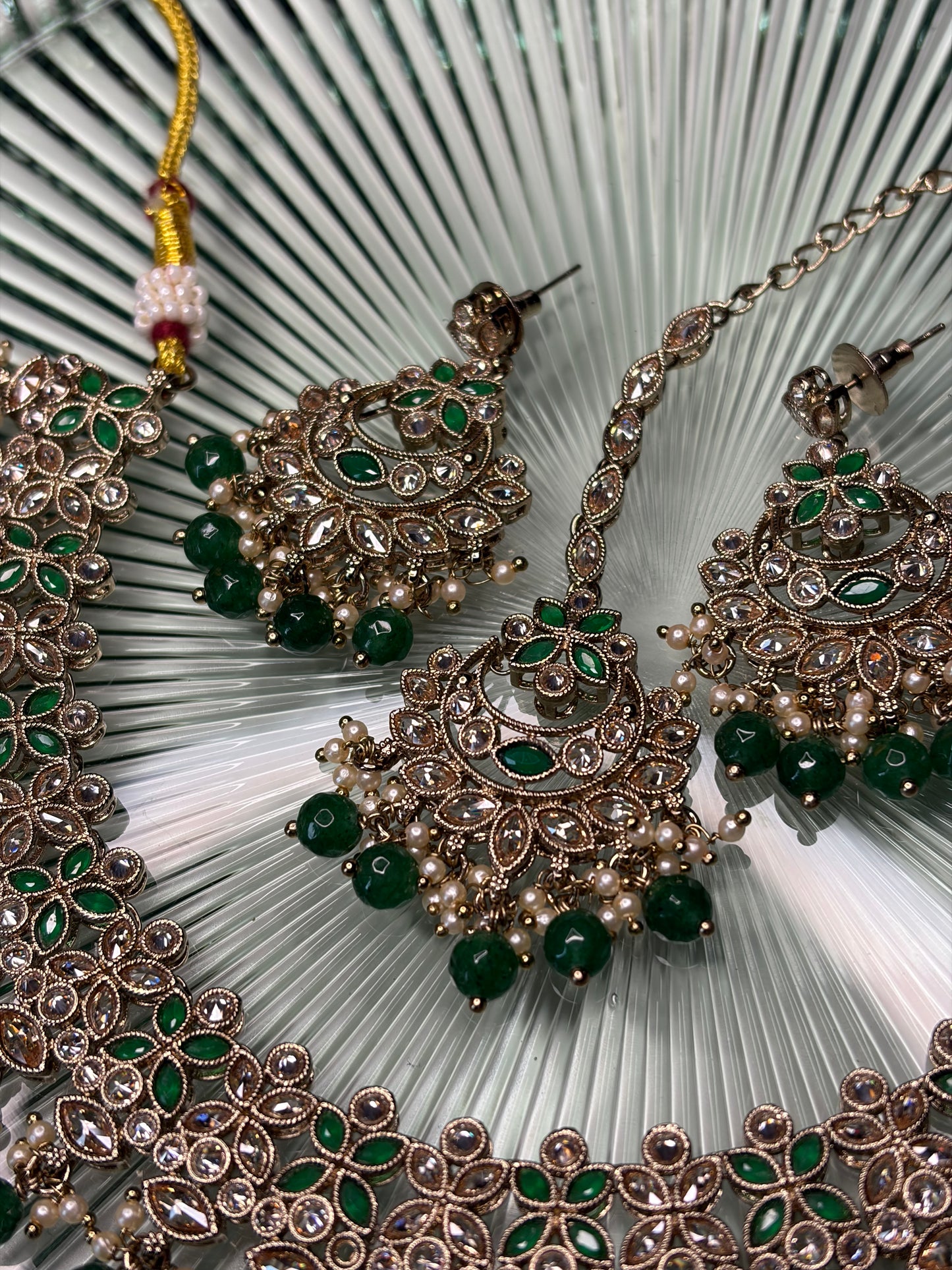 Green Bridal Necklace Set with Tikka, Indian Wedding Jewellery, Gold Statement Earrings