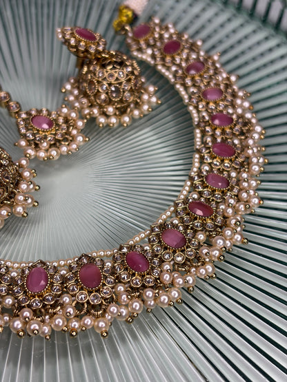 Mahleena Gold, Pink & Pearl Necklace, Earrings & Tikka Set