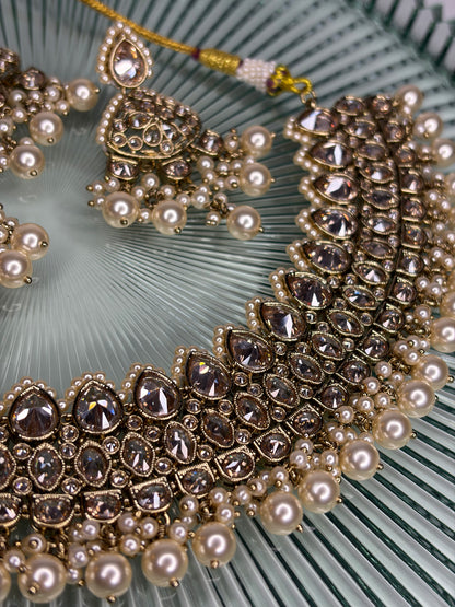 Maharani Kundan Pearl Necklace Earrings Set, Indian Bridal Statement Gold Jewellery