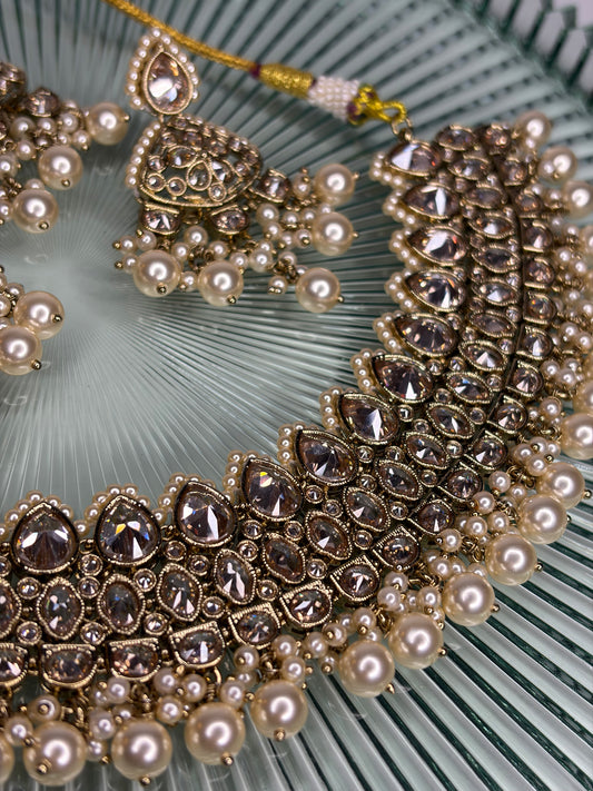 Maharani Kundan Pearl Necklace Earrings Set, Indian Bridal Statement Gold Jewellery