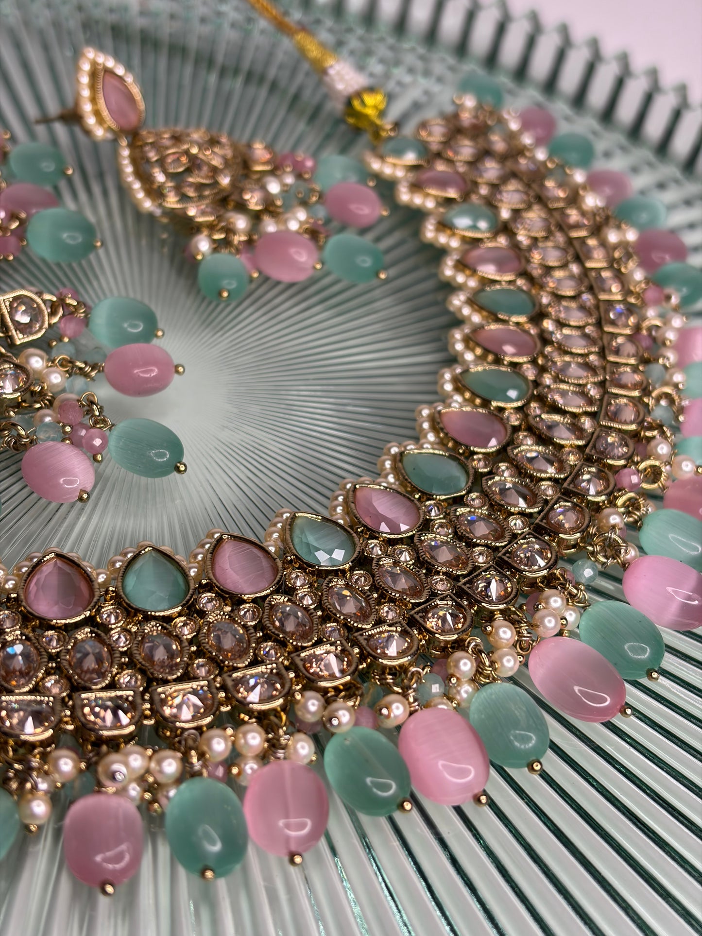 Maharani Blush Mint Necklace Earrings Set, Pastel Kundan Bridal Jewellery