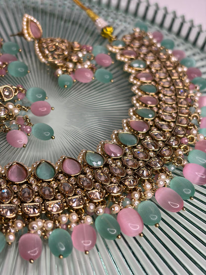 Maharani Blush Mint Necklace Earrings Set, Pastel Kundan Bridal Jewellery