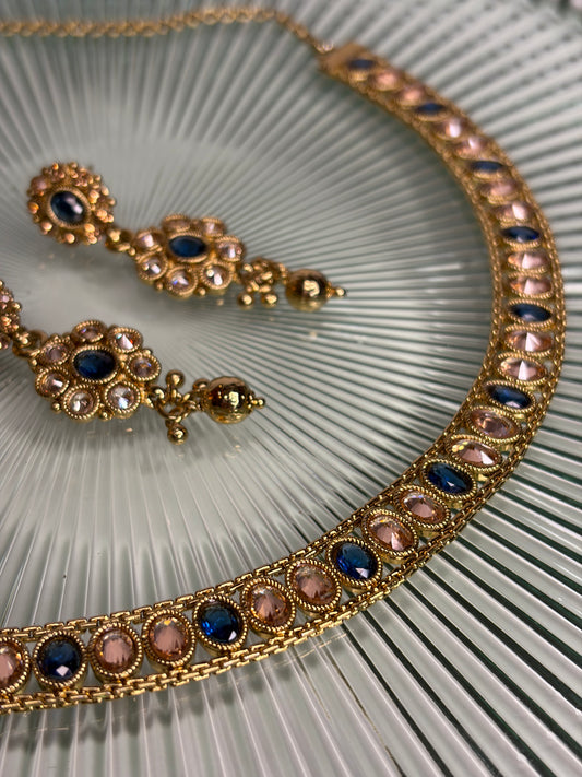 Arianna Set Gold and Navy Necklace and Earrings Set