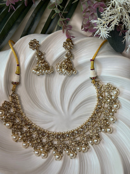 Gold Pearl Necklace Set with Jhumka Earrings, Indian Wedding Jewelry