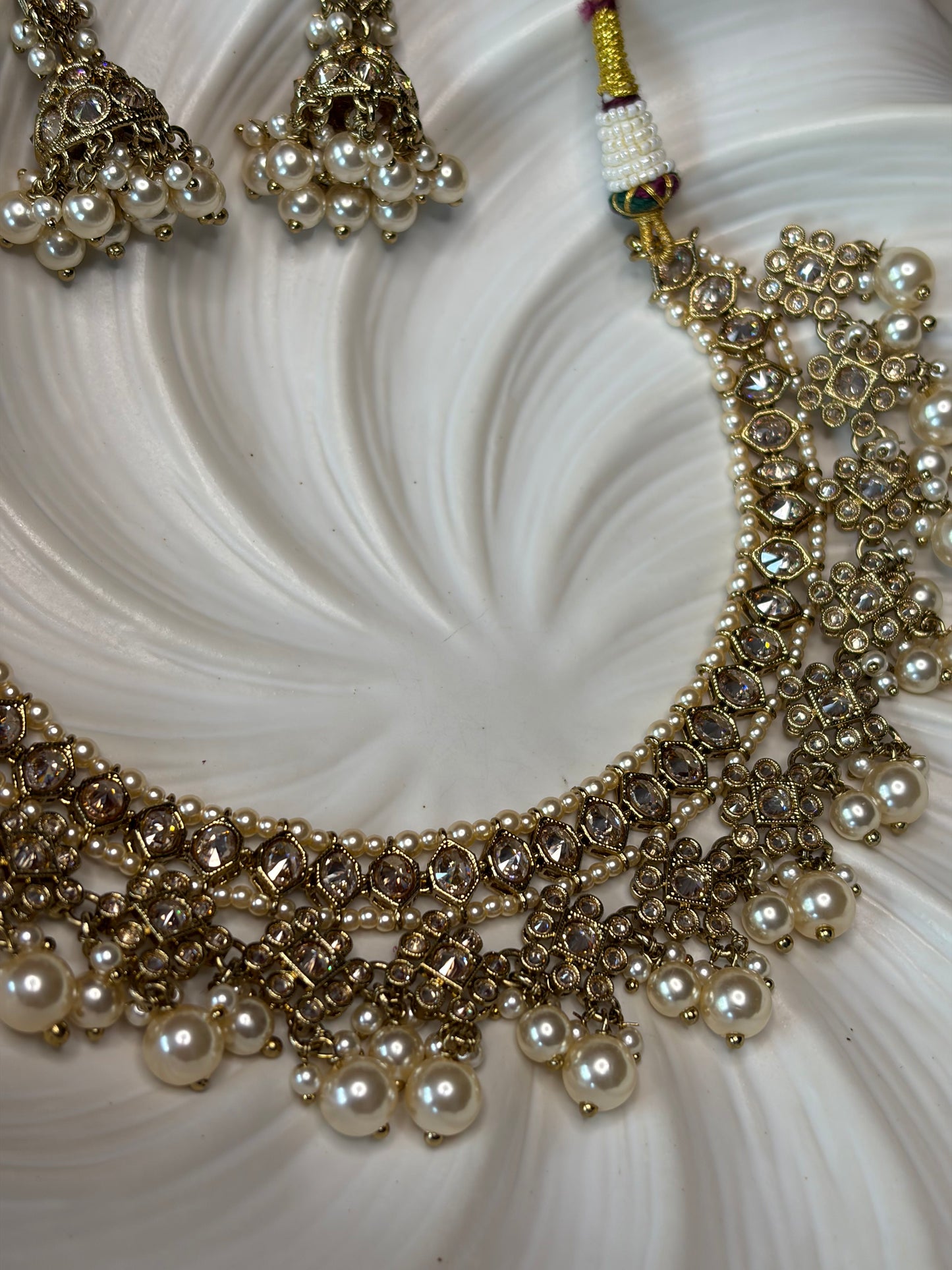 Gold Pearl Necklace Set with Jhumka Earrings, Indian Wedding Jewelry