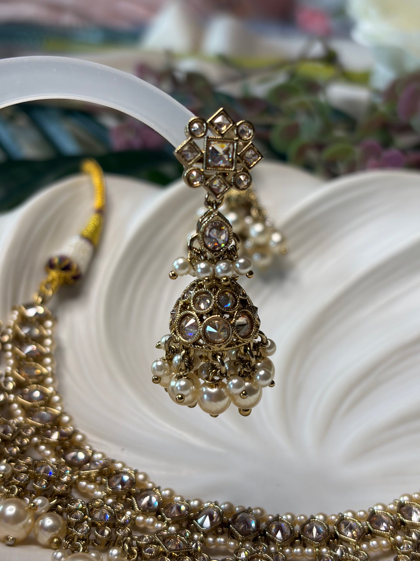 Gold Pearl Necklace Set with Jhumka Earrings, Indian Wedding Jewelry