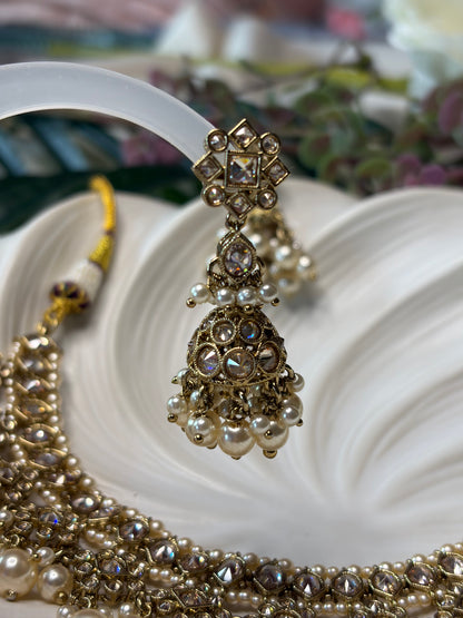 Gold Pearl Necklace Set with Jhumka Earrings, Indian Wedding Jewelry