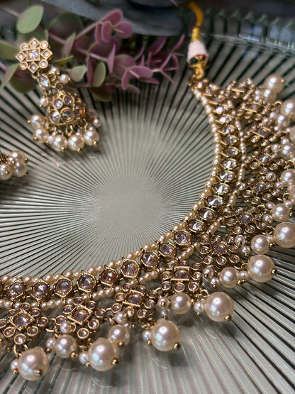 Gold Pearl Necklace Set with Jhumka Earrings, Indian Wedding Jewelry