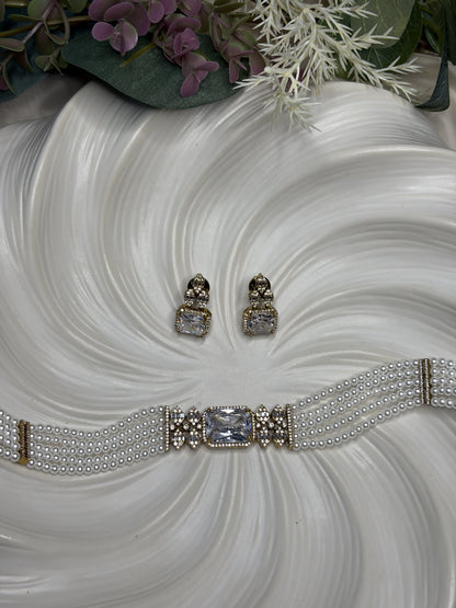 Pearl Choker Necklace Set with Crystal Earrings, Bridal Wedding Jewelry