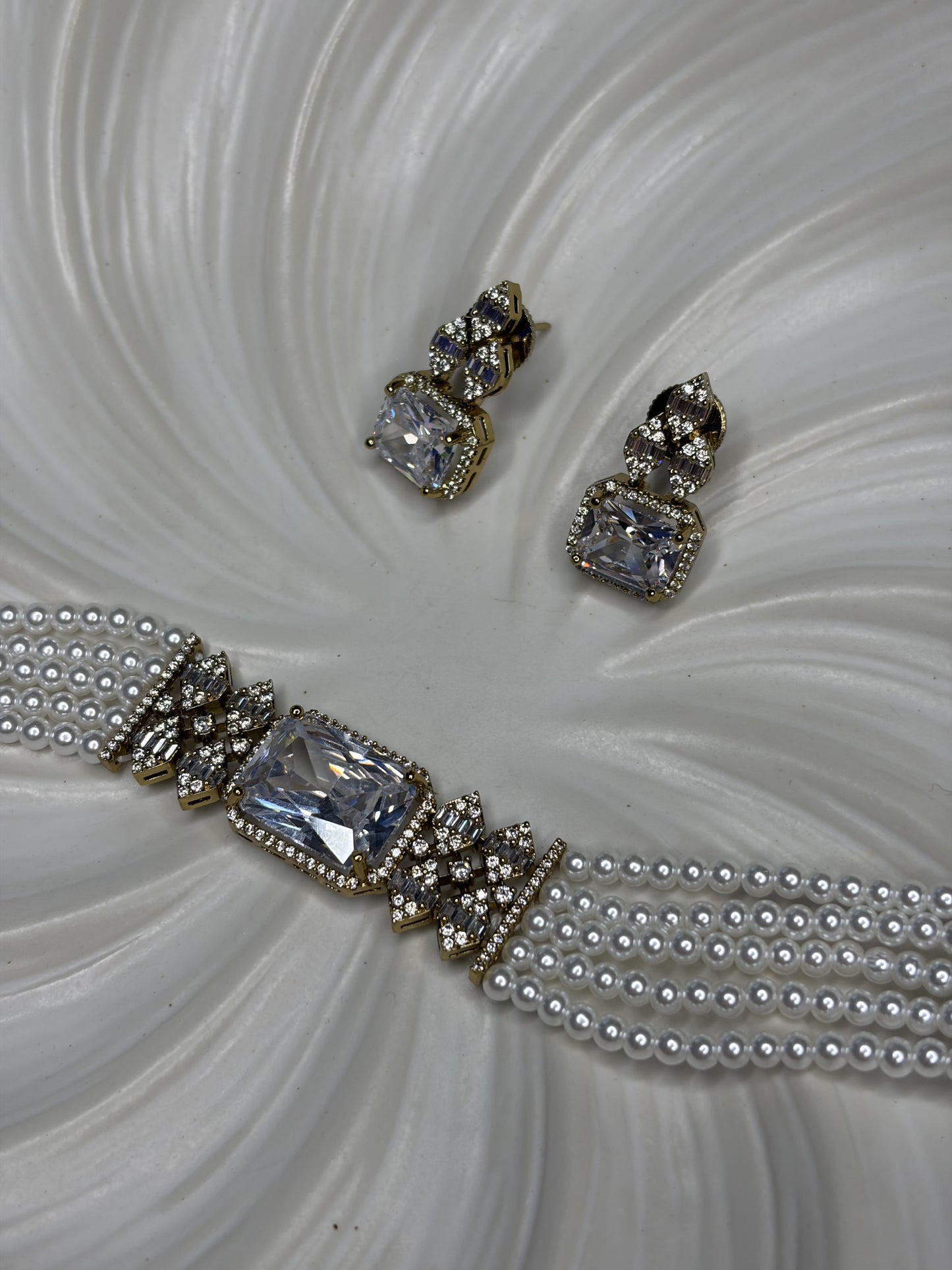 Pearl Choker Necklace Set with Crystal Earrings, Bridal Wedding Jewelry
