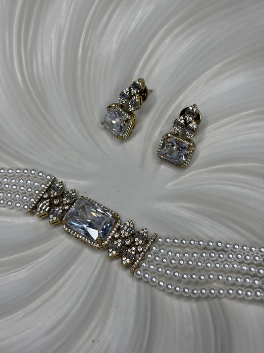 Pearl Choker Necklace Set with Crystal Earrings, Bridal Wedding Jewelry