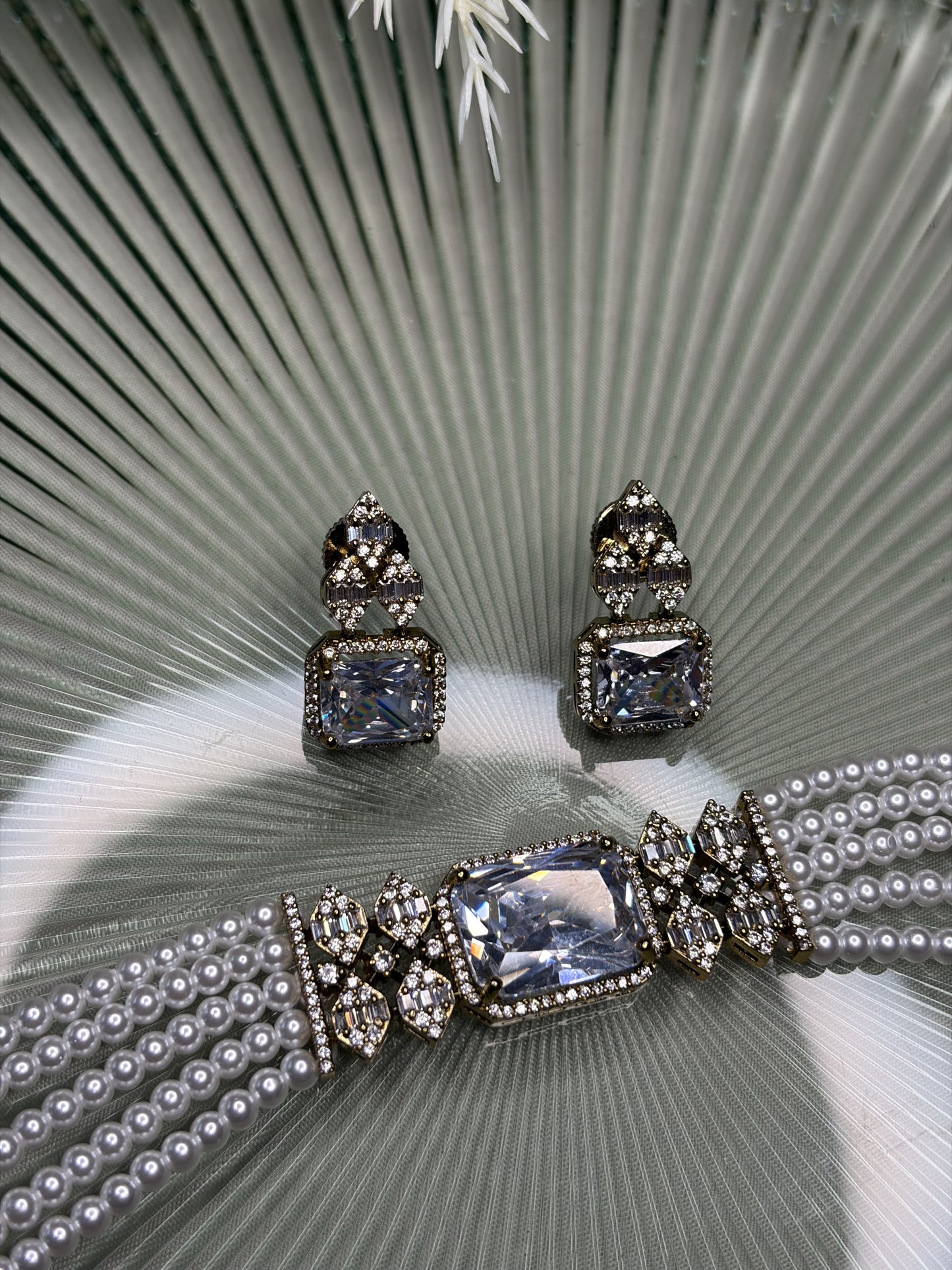 Pearl Choker Necklace Set with Crystal Earrings, Bridal Wedding Jewelry