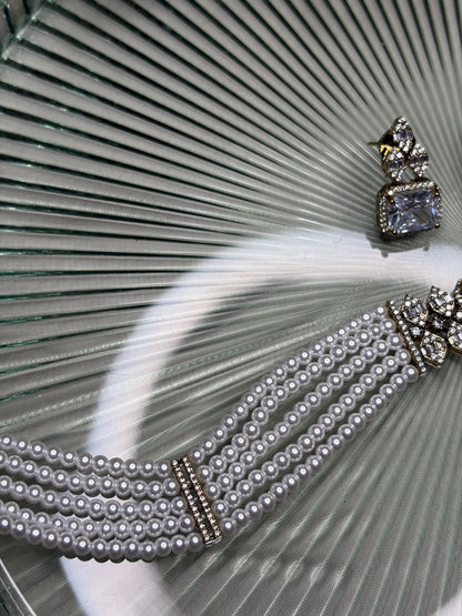 Pearl Choker Necklace Set with Crystal Earrings, Bridal Wedding Jewelry