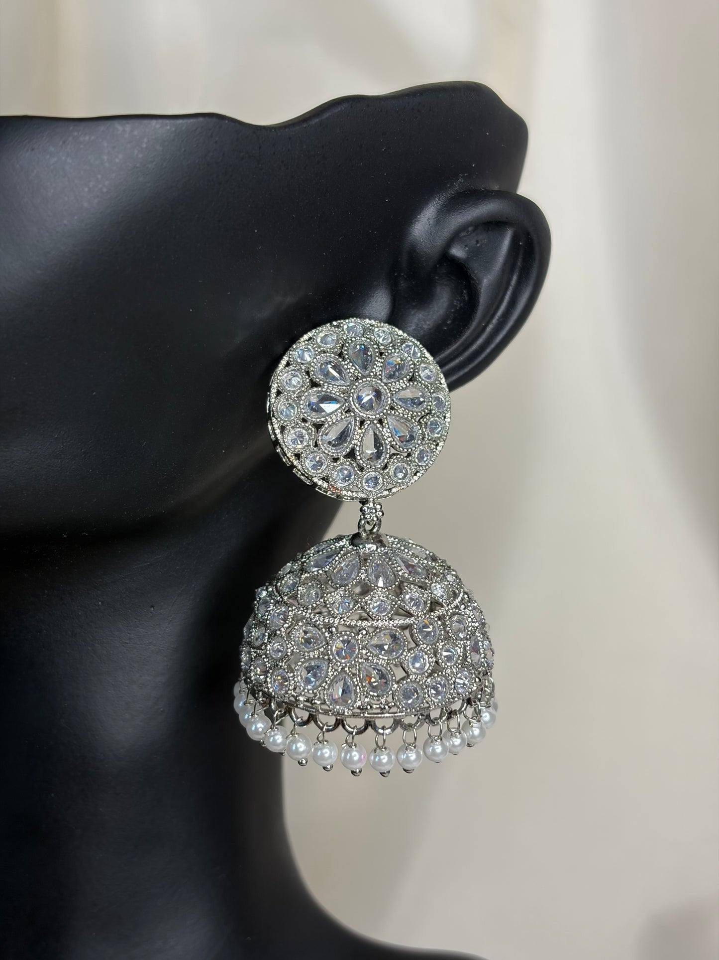 Silver Jhumka Earrings, Crystal & Pearl Drop, Indian Wedding Jewelry