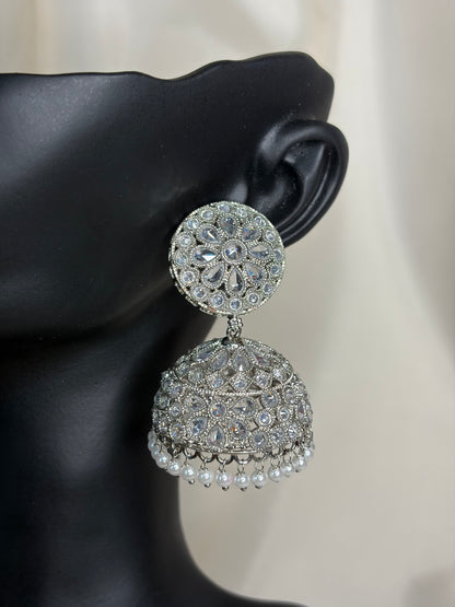 Silver Jhumka Earrings, Crystal & Pearl Drop, Indian Wedding Jewelry