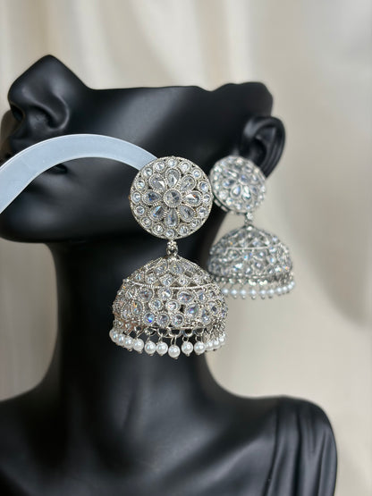 Silver Jhumka Earrings, Crystal & Pearl Drop, Indian Wedding Jewelry