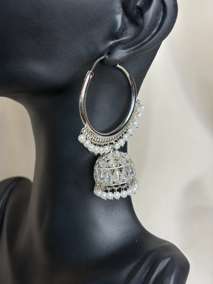 Silver Hoop Jhumka Earrings, Pearl Drop, Crystal Detail, Indian Wedding Jewelry
