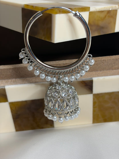 Silver Hoop Jhumka Earrings, Pearl Drop, Crystal Detail, Indian Wedding Jewelry