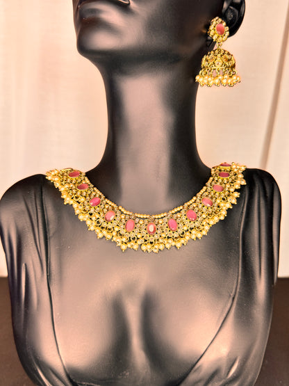 Mahleena Gold, Pink & Pearl Necklace, Earrings & Tikka Set