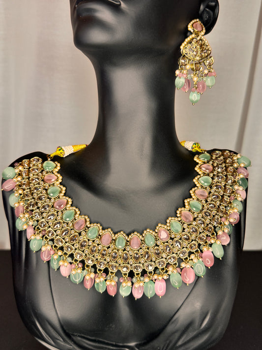 Maharani Blush Mint Necklace Earrings Set, Pastel Kundan Bridal Jewellery
