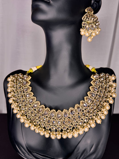 Maharani Kundan Pearl Necklace Earrings Set, Indian Bridal Statement Gold Jewellery