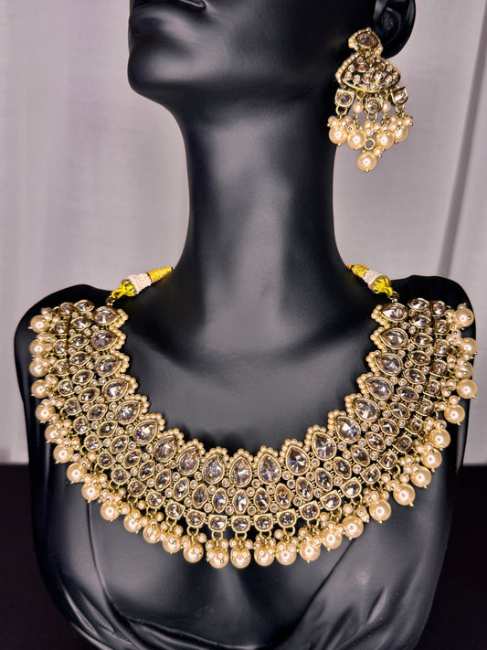 Maharani Kundan Pearl Necklace Earrings Set, Indian Bridal Statement Gold Jewellery