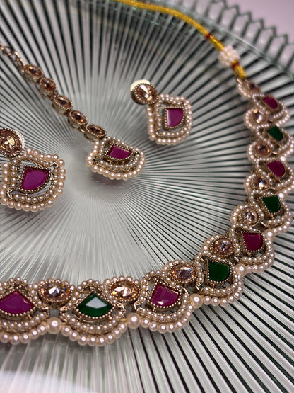 Krishma Ruby Emerald Necklace Set, Indian Bridal Wedding Statement Party Jewellery