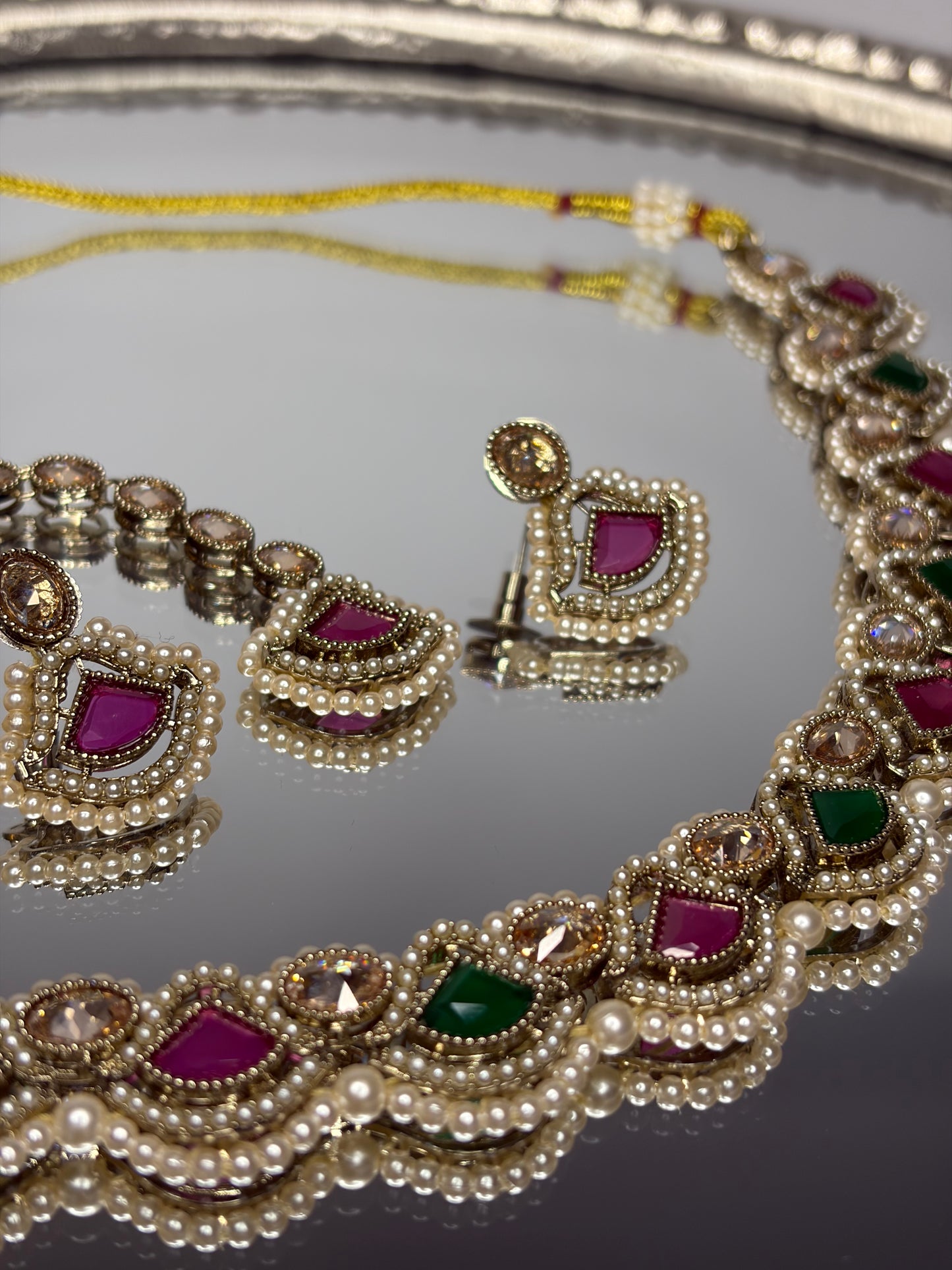 Krishma Ruby Emerald Necklace Set, Indian Bridal Wedding Statement Party Jewellery