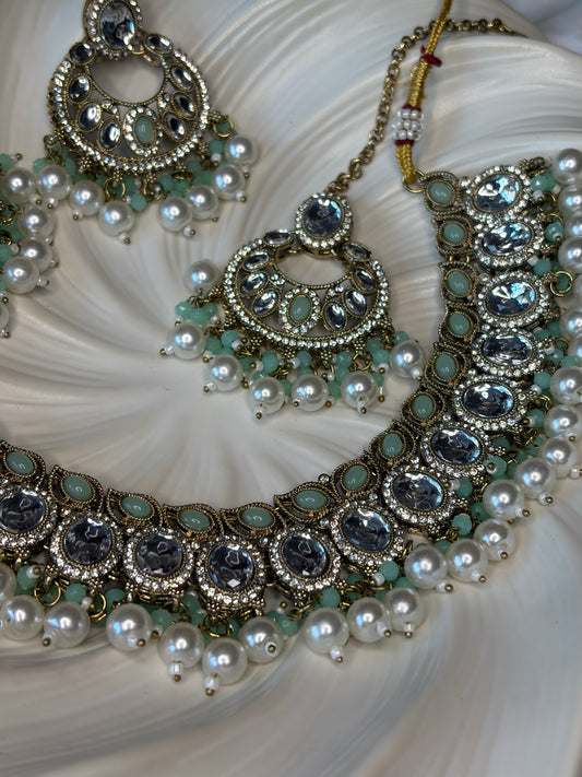 Green Pearl Necklace Set with Tikka, Indian Bridal Jewelry, Statement Earrings